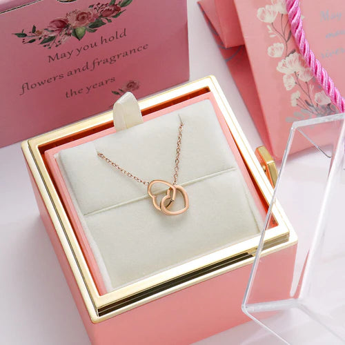 Colar Lovers Personalizável Dois Corações + Caixa Rosa Eterna de Brinde